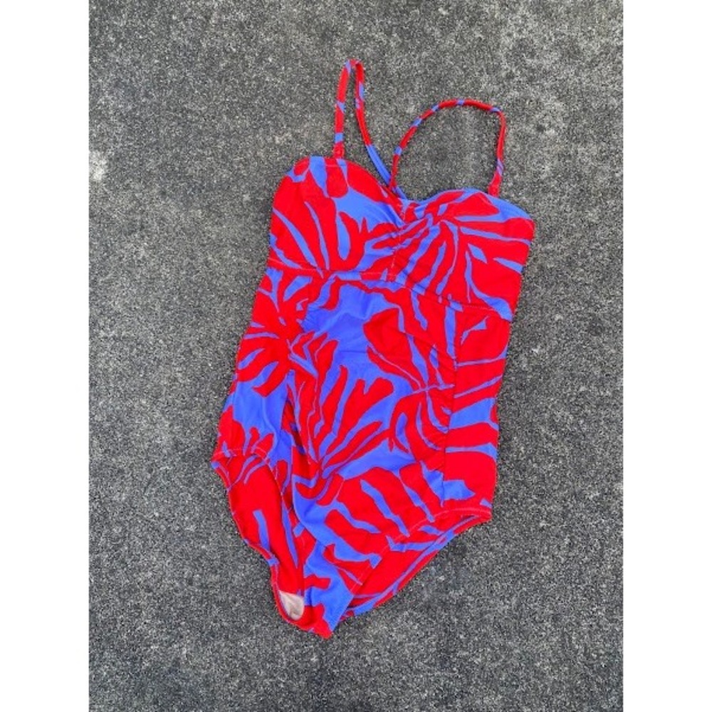 Motherhood Maternity Bounceback Red‎ Blue Tropical Palm One Piece Swimsuit Small